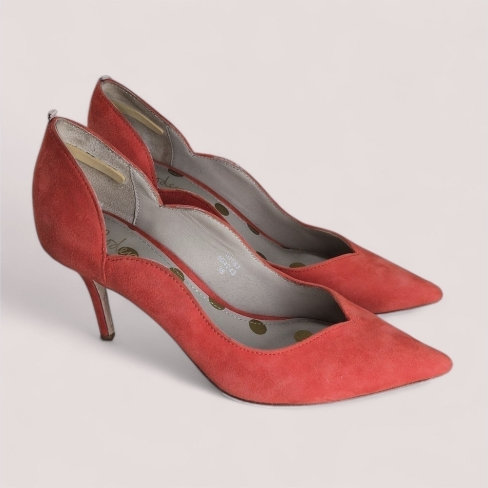 Boden Coral-Red Pointed-Toe Scalloped Suede Heels